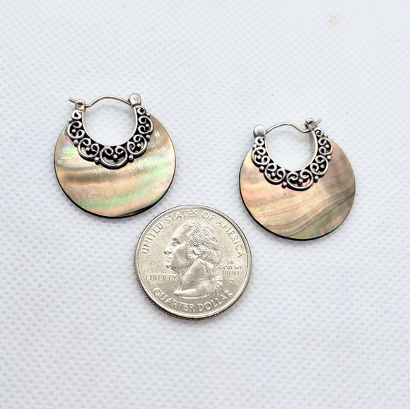 Vtg Sterling 925 Merva Bell M.O.P Hoop Earrings - Picture 1 of 4